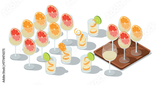 Refreshing citrus drinks isometric glasses with grapefruit and lime garnishes on a tray