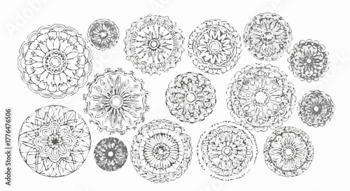 Intricate line art pattern of circular floral designs, creating a decorative element