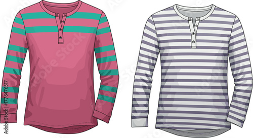 Henley shirts illustration, striped long sleeve tops, casual fashion design, front button placket, menswear style, apparel mockup, vector art