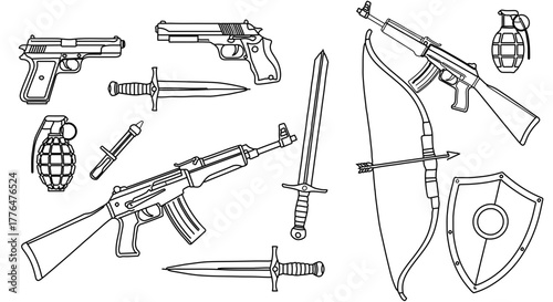 Hand drawn illustration of weapon set, including guns, swords, and grenades