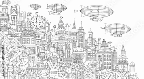 Steampunk city with airships and buildings for creative design and coloring