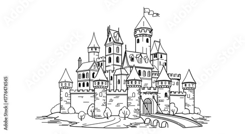 Detailed line art illustration of a majestic castle with towers, walls, and a bridge