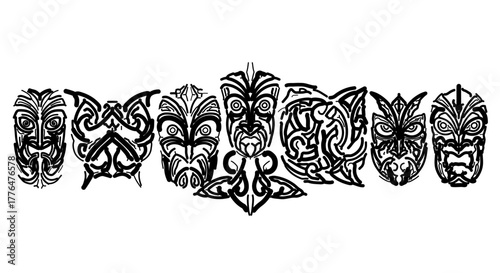 Collection of eight maori tribal mask designs, each with unique patterns