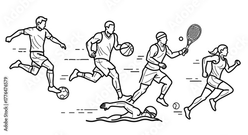 Line art illustration of various sports activities with athletes in motion