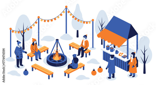 Cozy winter market scene with fire pit and festive decorations in isometric illustration