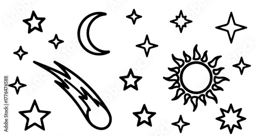 Celestial elements in outline style, perfect for astronomy themed designs