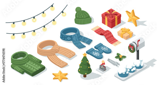 Festive winter isometric elements with cozy scarves and holiday decorations