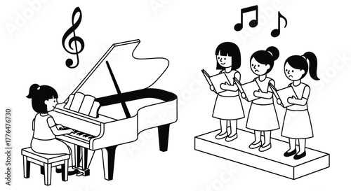 Illustration of girl playing piano with choir singing music notes editable vector