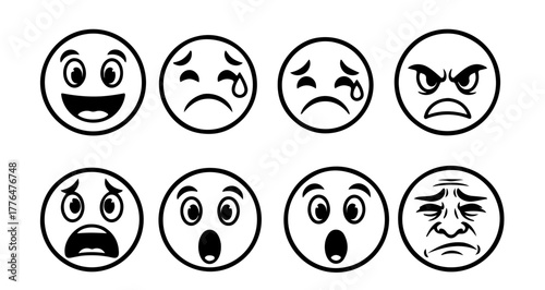 Set of different facial expressions, representing a range of emotions and moods