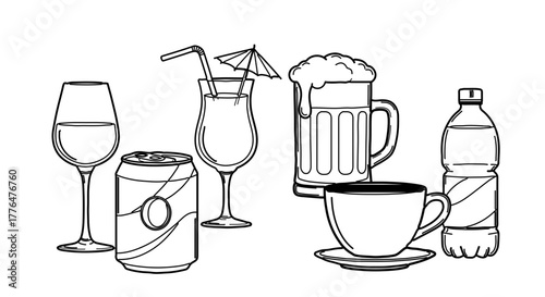 Collection of various drink containers, including glass, can, mug, and bottle