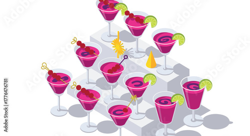 Isometric cocktails arrangement with garnishes and lime wedges