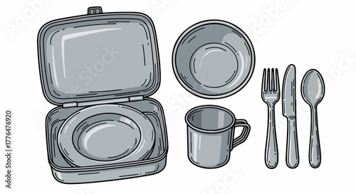 Camping tableware set in a case