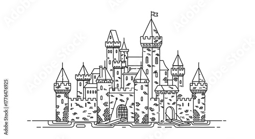 A detailed black and white drawing of a medieval castle with towers, walls, and gates
