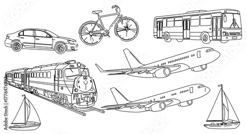Transportation line art collection various modes of transport for travel and commuting