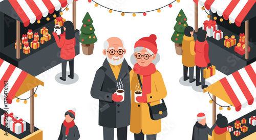Festive winter market scene with elderly couple sipping hot cocoa in cozy isometric setting