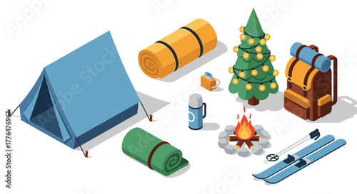 Outdoor winter camping essentials in isometric style