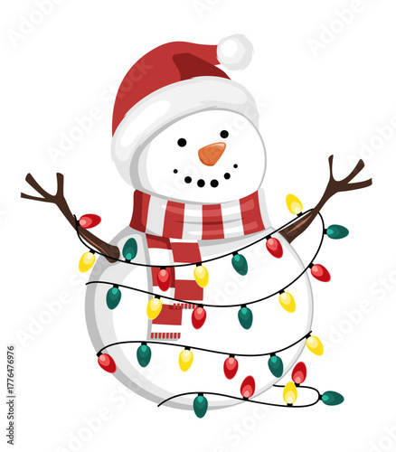 Snowman decorated in colorful Christmas lights