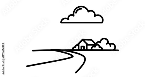 Minimalist landscape illustration featuring a house, road, cloud, and bush