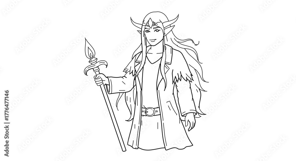 Fototapeta premium Illustration of a fantasy elf with a spear, perfect for coloring books