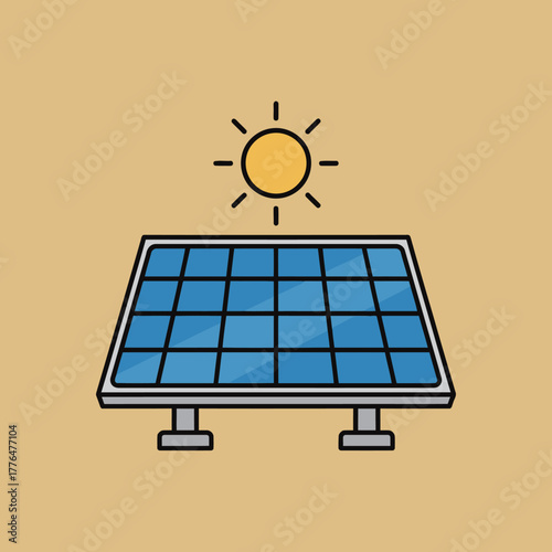 Solar Panel Icon with Sun Vector Illustration on Yellow Background, Representing Renewable Energy, Ecology, Sustainability, Environment, and Modern Green Technology Concepts