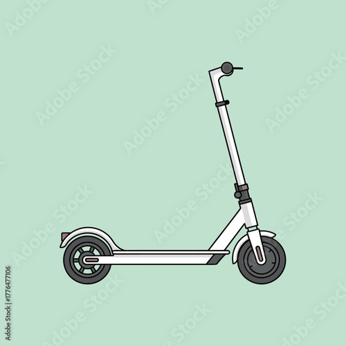 White Electric Scooter Icon Vector Illustration on Light Green Background, Ideal for Urban Mobility, Personal Transport, Micro-Mobility, Eco-Friendly Commute, and City Travel