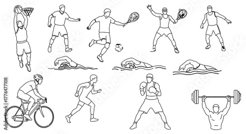 Line art illustration of various sports activities, including weightlifting, swimming, cycling, and boxing