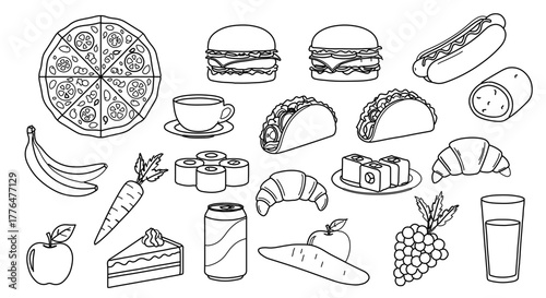 Hand drawn set of fast food and drinks, including pizza, burger, taco, and coffee