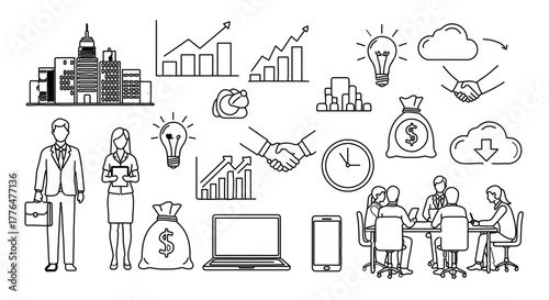 Business and finance doodle set, a collection of handdrawn icons and elements