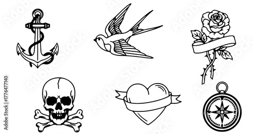Collection of classic tattoo designs featuring anchor, swallow, rose, skull, heart, and compass
