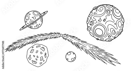 Illustration of planets and a comet, perfect for coloring books
