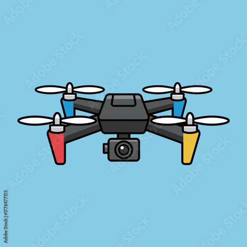 Quadrocopter Drone Icon with Camera Vector Illustration on Light Blue Background, Symbolizing Aerial Photography, Surveillance, Delivery, Modern Technology, and Remote Control Flight