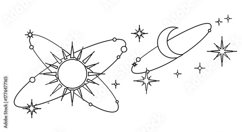 Illustration of sun, moon and stars, perfect for coloring books