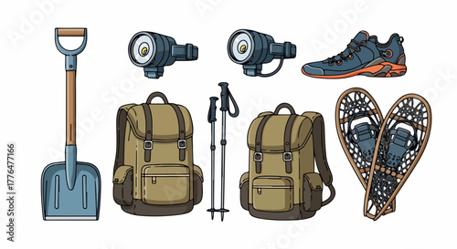 Winter hiking equipment set with transparent background