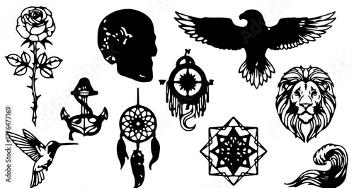 Collection of various black silhouette designs, including animals and symbols