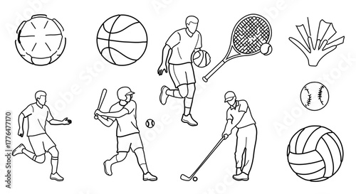 Hand drawn sketch of various sports equipment and athletes, line art