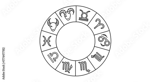 Circular zodiac wheel with astrological signs in black and white