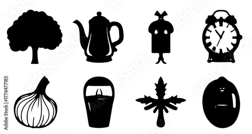 Collection of various black silhouette icons including tree, teapot, alarm clock