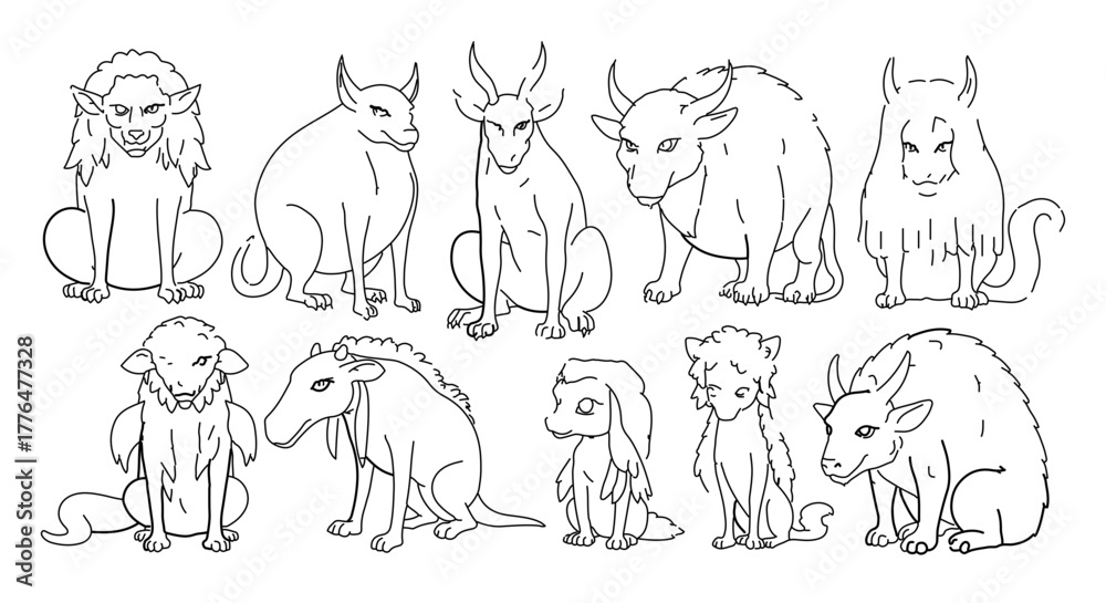 Obraz premium Collection of mythical creatures sitting, perfect for coloring book pages