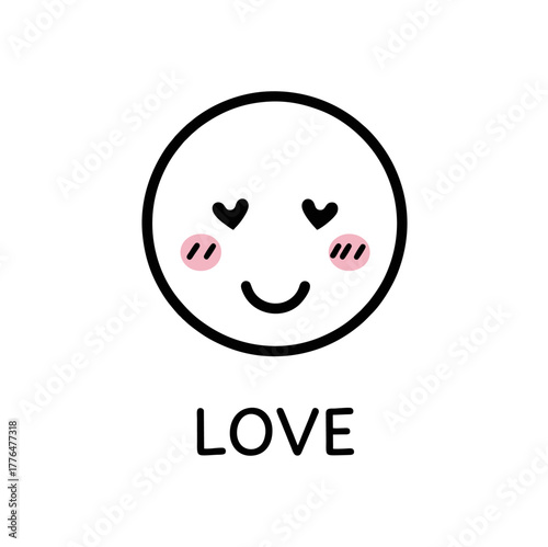 Cute black outline love emoji face with pink blush and closed eyes, smiling sweetly, accompanied by LOVE text.