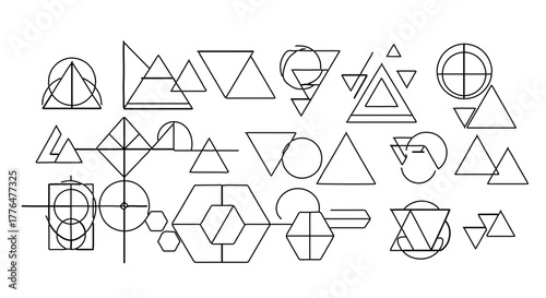 Geometric shapes and figures in a line art style create a modern and minimalist design