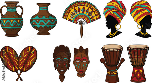 Cartoon African cultural set with masks, drums, pottery, fan, headwraps, and shields, vector illustration for heritage and tradition concept