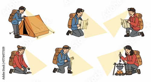 Hikers camping outdoors with headlamps and gear