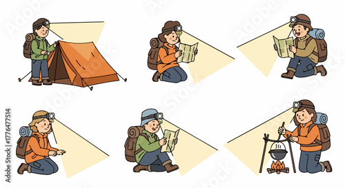 Campers exploring outdoors at night with headlamps