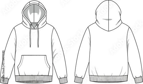 Technical hoodie sketch, front and back view, fashion flat drawing, bat hood detail, apparel 