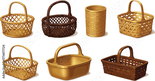 Cartoon basket variety set with woven textures, handles, and shapes, vector illustration for craft design and household storage concept