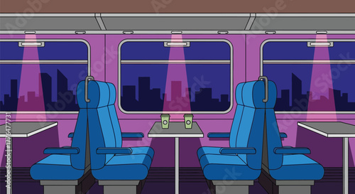 Cartoon train interior with seats tables and city skyline at night editable vector
