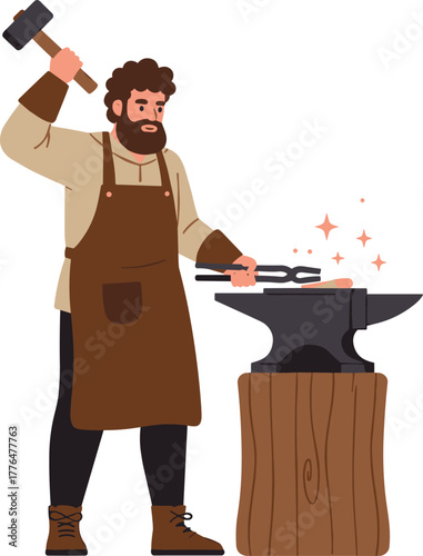 Cartoon blacksmith forging hot metal with hammer and tongs, vector illustration for traditional craft and historical labor concept