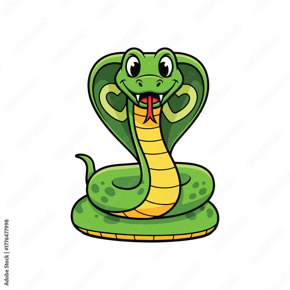 Fototapeta premium A cartoon cobra snake with a friendly expression, ready to strike, isolated on white.