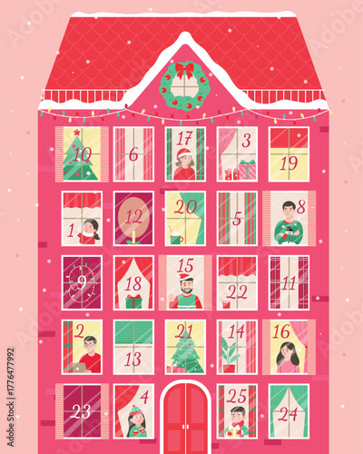 Cozy advent calendar house with people in windows and Christmas decorations.Vector illustration of a cozy pink house designed as an advent calendar with numbered windows, people, Christmas tree