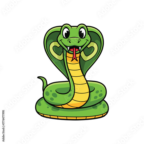 A cartoon cobra snake with a friendly expression, ready to strike, isolated on white.